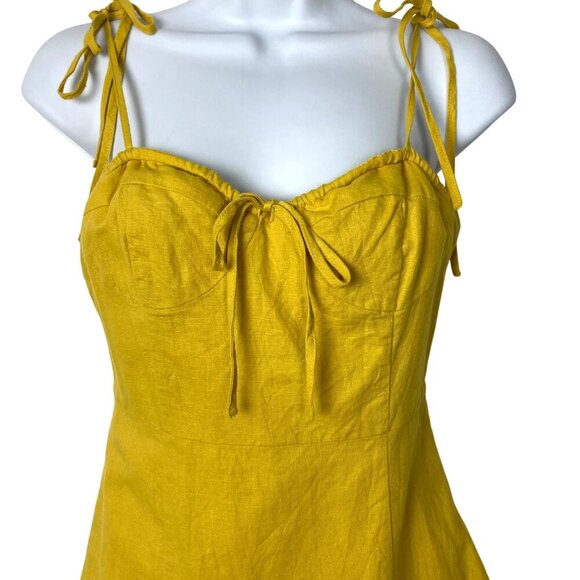 Yellow Linen Tie Front Mini Dress Small Adjustable Spaghetti Straps Bustier - Picture 2 of 9